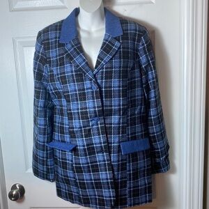 NWT Denim & Co. Plaid Blue 3 Button Jacket Blazer  Wool blend Size Large